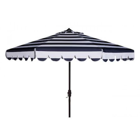 Safavieh 9 ft. Maui Single Scallop Striped Crank Push Button Tilt Umbrella; Navy & White PAT8011C